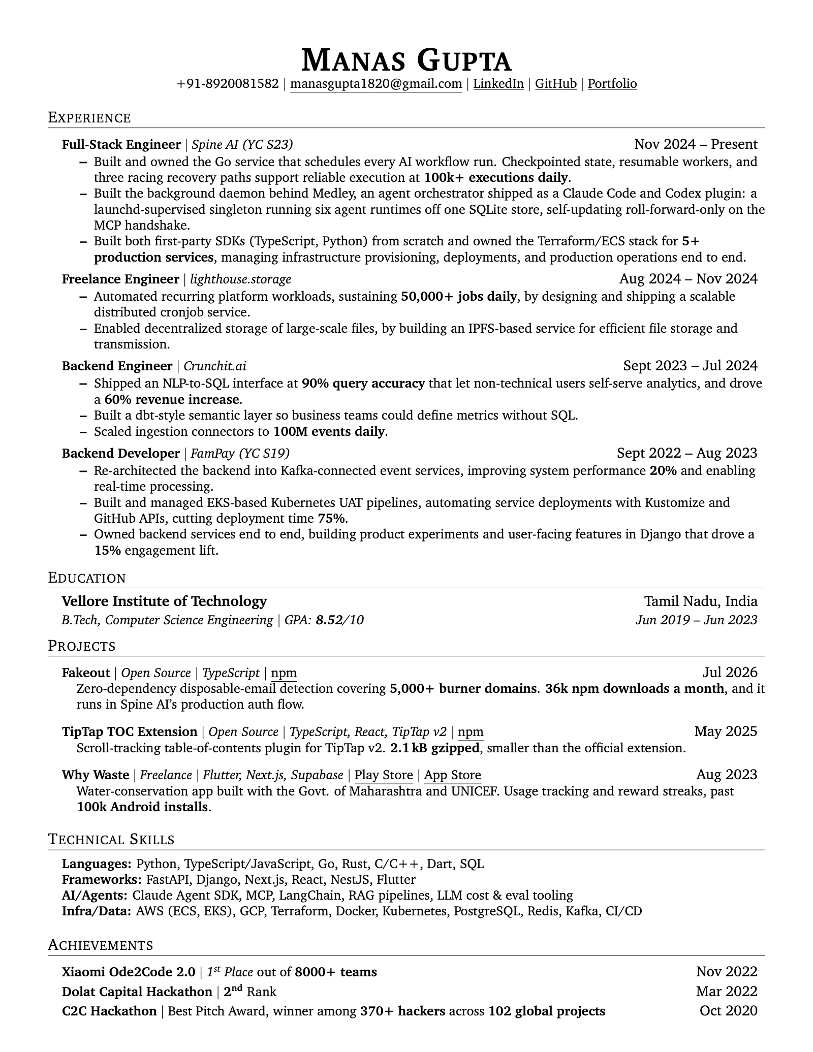 Page one of Manas Gupta's résumé. The full document is available as a PDF from the buttons above.