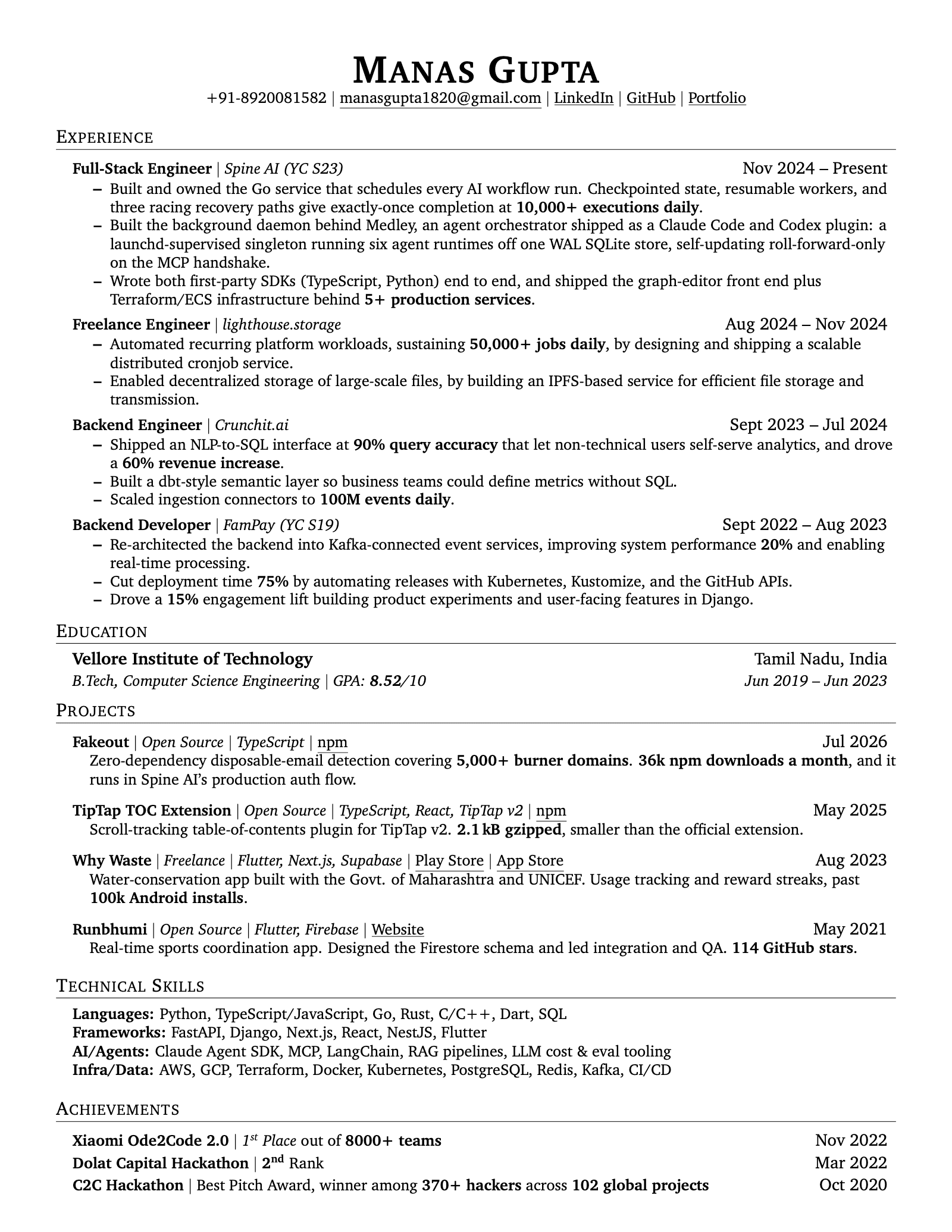 Page one of Manas Gupta's résumé. The full document is available as a PDF from the buttons above.